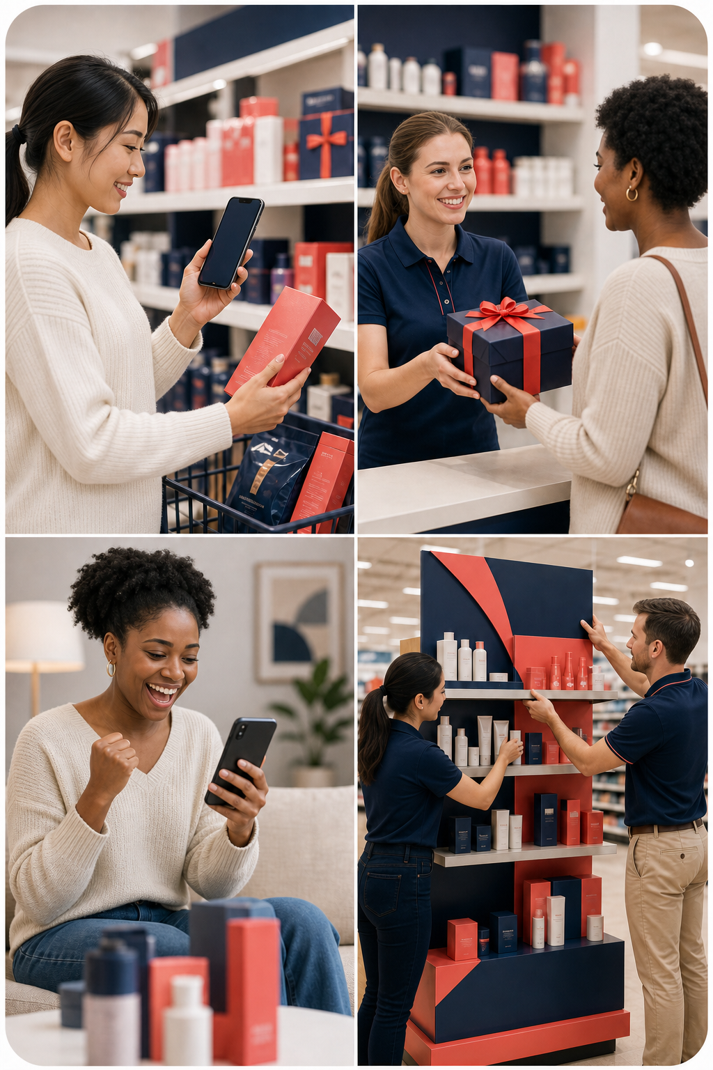 Composição visual com quatro contextos de campanha: sorteio promocional, compre e ganhe, prêmio instantâneo e ativação de trade
